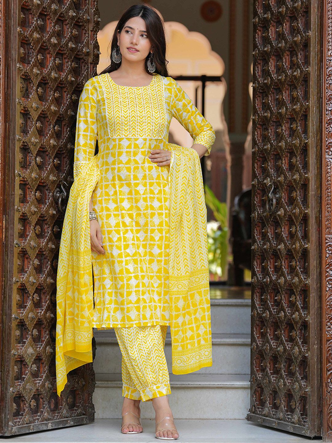 KALINI Ethnic Motifs Printed Aari Work Pure Cotton Straight Kurta with Patiala & Dupatta