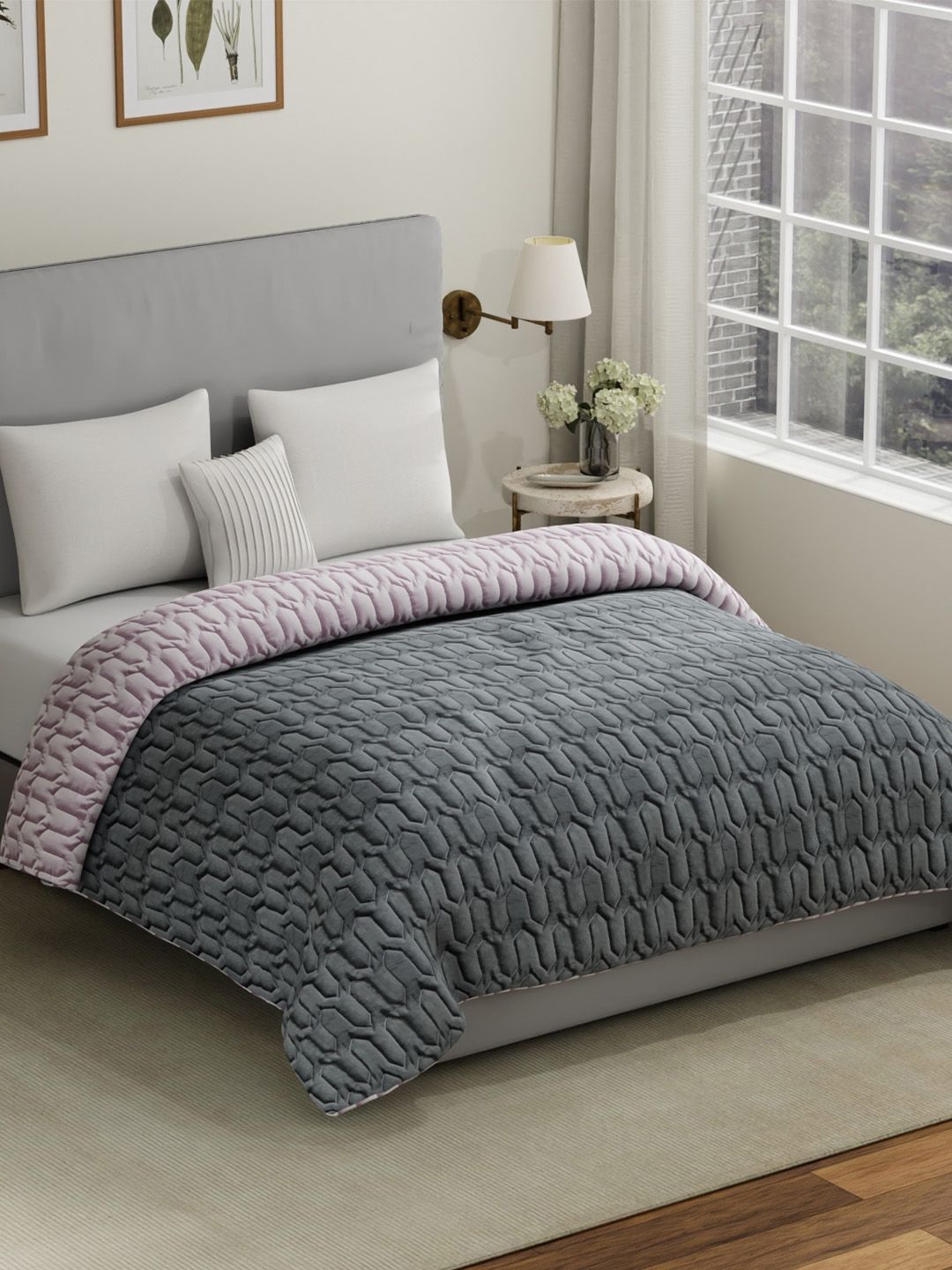 URBAN SPACE Grey Geometric Microfiber Heavy Winter Double Bed Comforter-picture-29