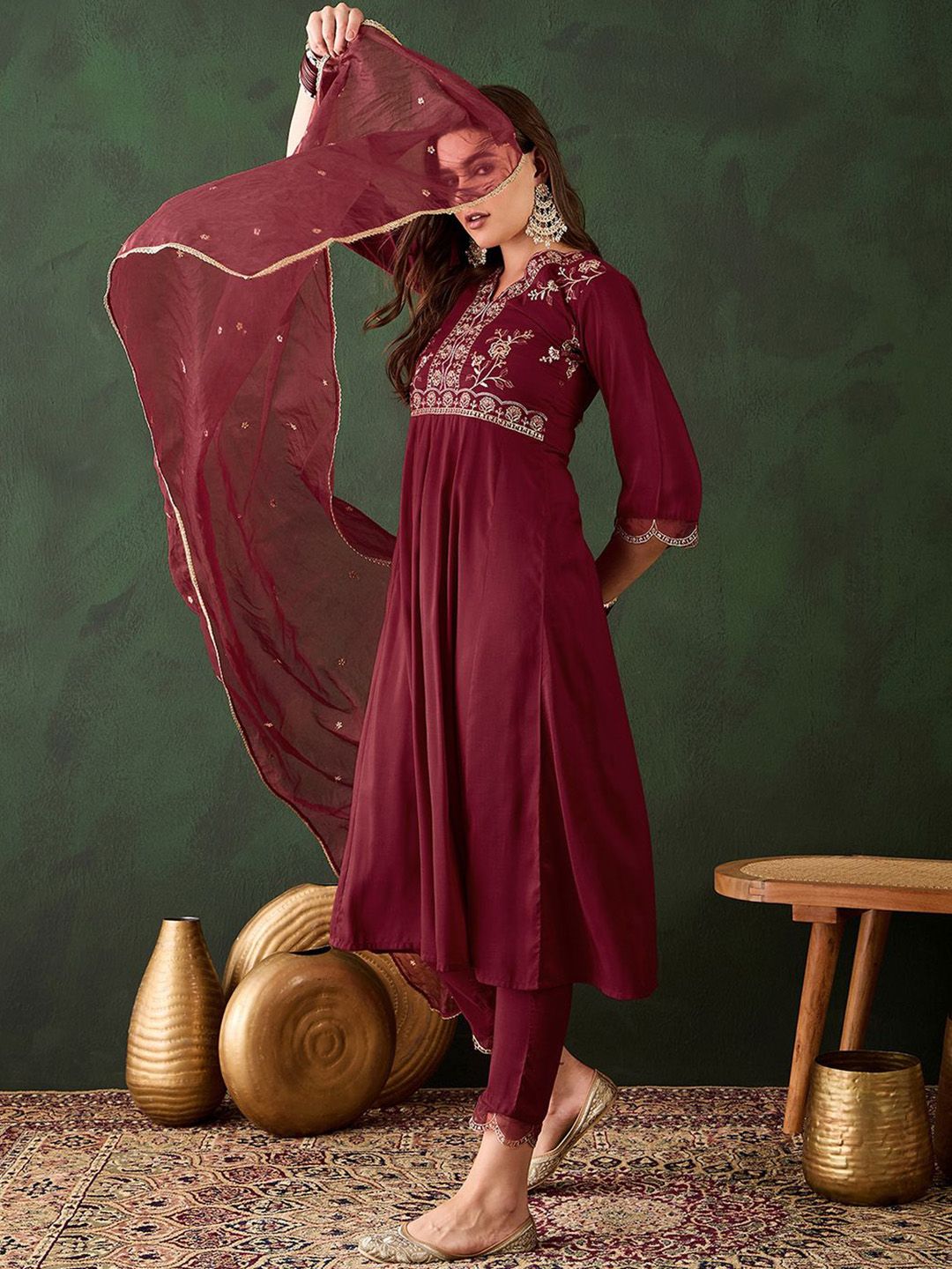 Indo Era Maroon Floral Yoke Design Sequinned Chanderi Silk Kurta with Trousers & Dupatta