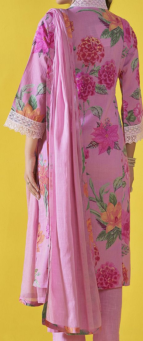 floral Embroidered Off White round neck pure cotton kurta with trouser &dupatta