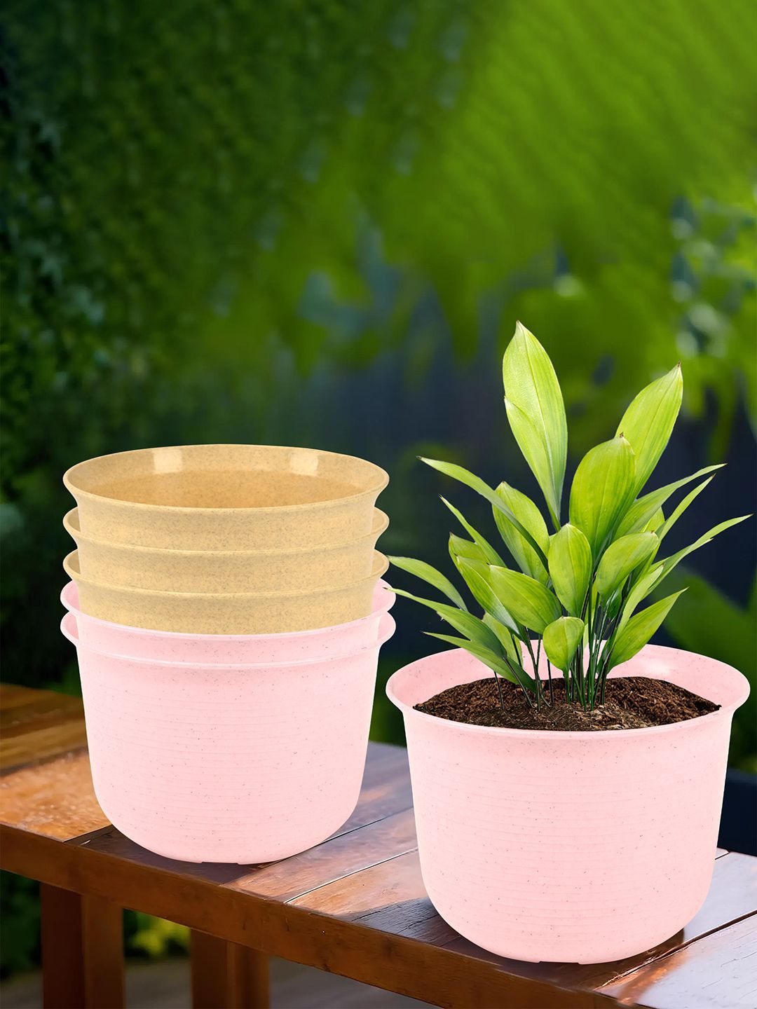 Kuber Industries 6Pcs Pink & Beige Textured Planters With Plate-picture-33