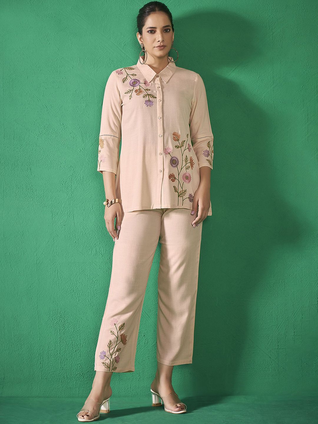 Anouk Beige Shirt Collar Embroidered Liva Shirt & Trouser