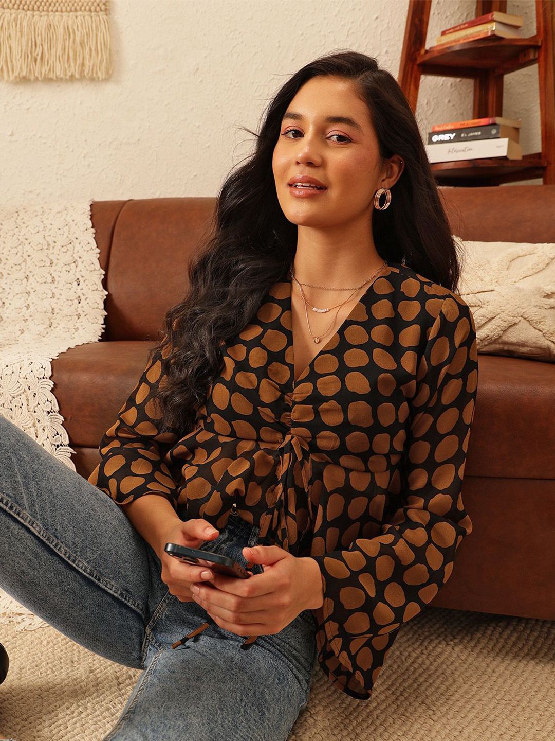 QUIERO Women Polka Dot Printed Flared Sleeve Georgette Peplum Crop Top-picture-10