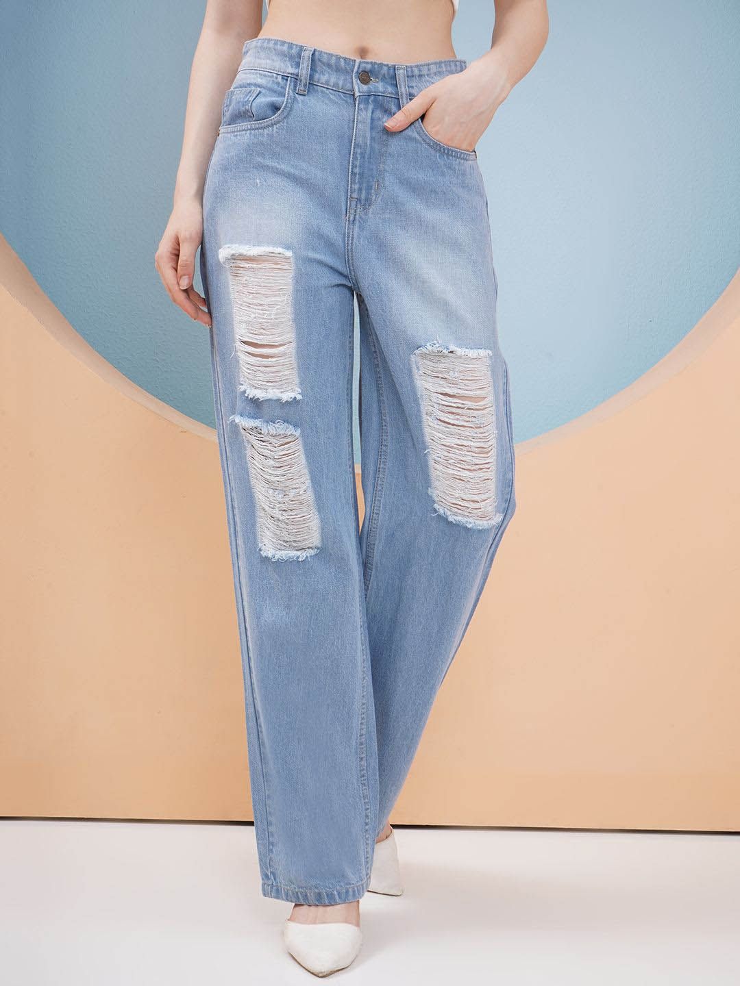PUELLA Women Flared High-Rise Highly Distressed Light Fade Jeans-image-22