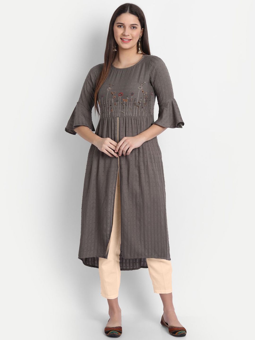 SAHASIKA Floral Woven Design Bell Sleeves Jacquard Cotton A Line Kurta-image-2