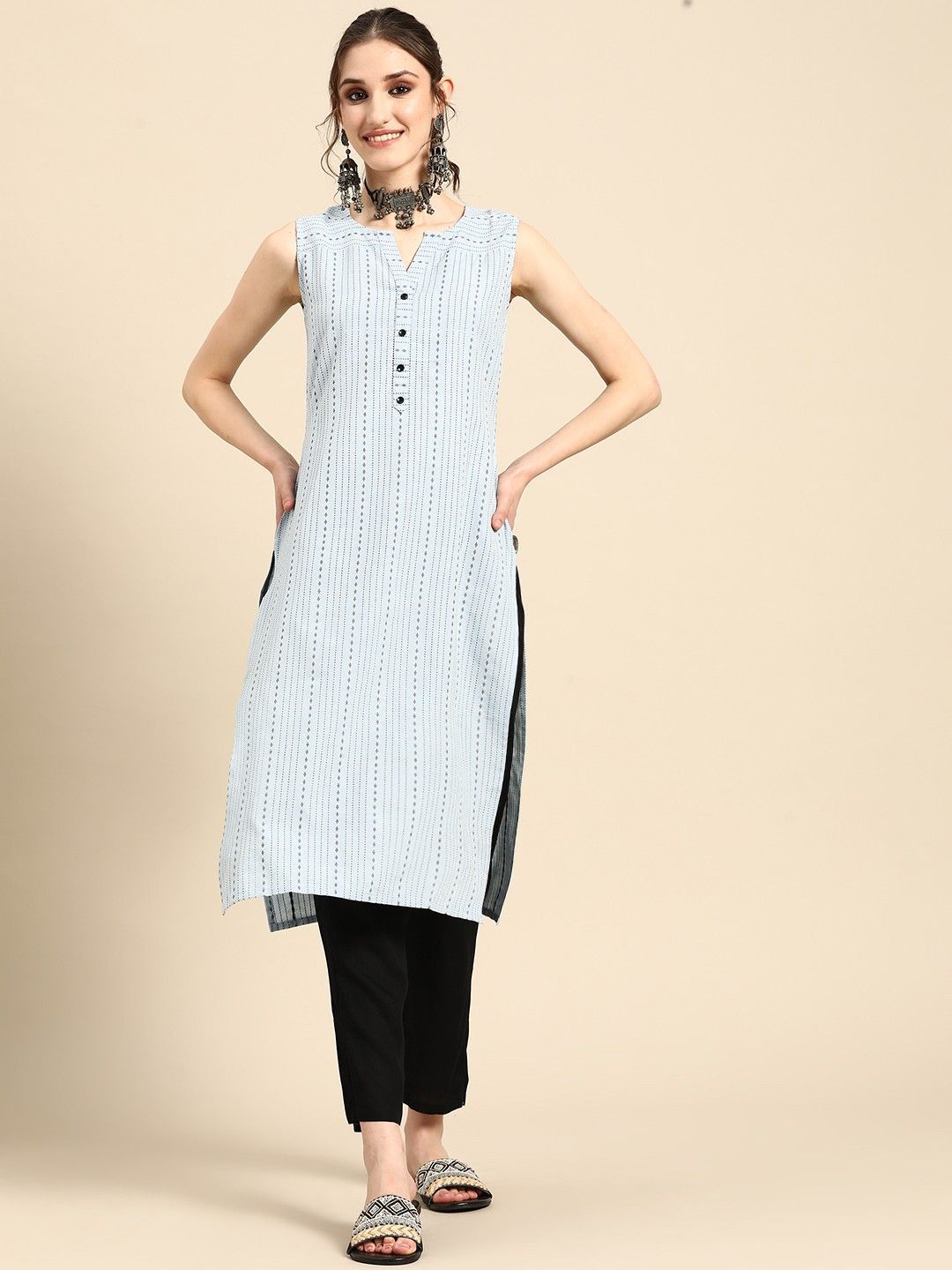 SAHASIKA Women Striped Regular Beads and Stones Kurta with Trousers-picture-51