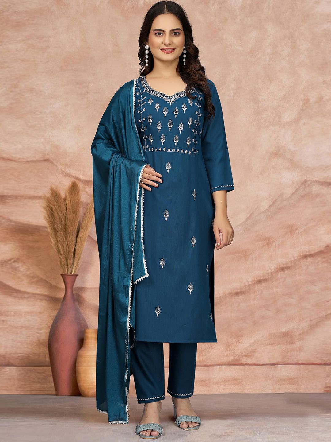 Anouk Teal Blue Ethnic Motifs Embroidered Straight Kurta With Trousers & Dupatta