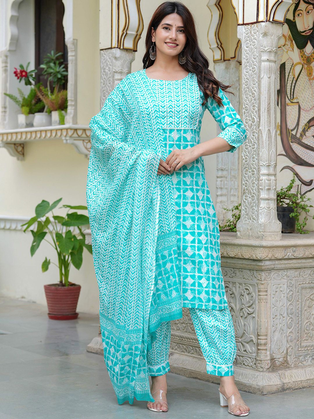 KALINI Ethnic Motifs Printed Pure Cotton Straight Kurta with Palazzos & Dupatta