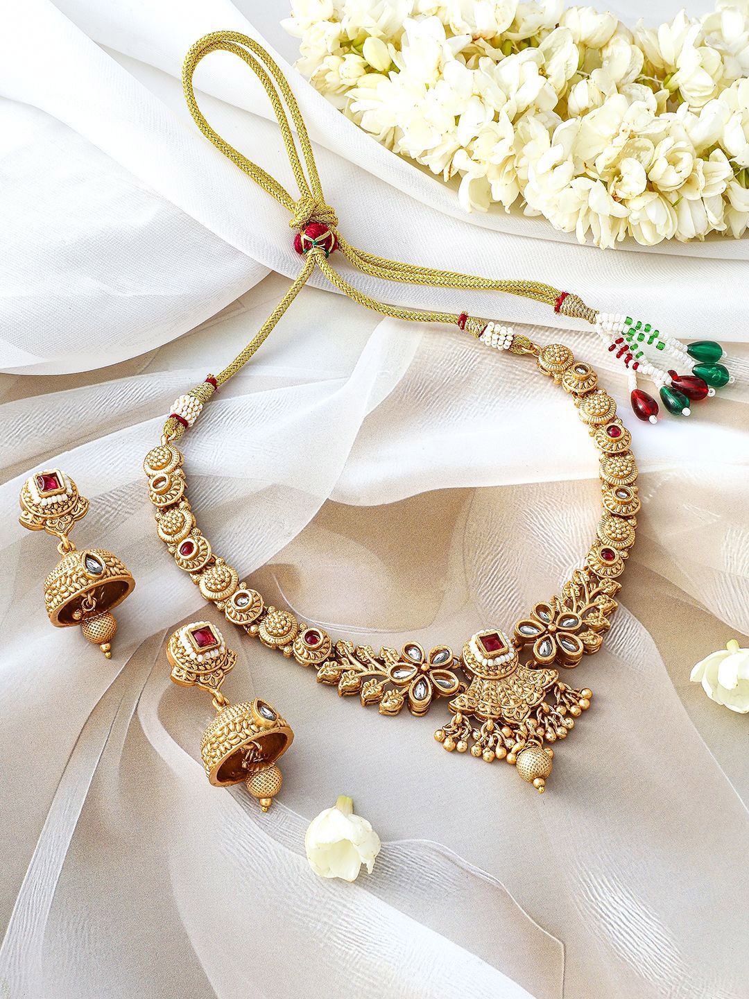 Rubans 24k Gold-Plated Stone-Studded & Beaded Jewellery Set