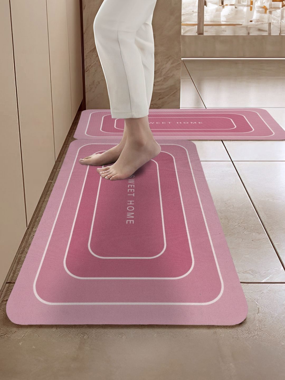 Cortina Pink 2 Pieces Printed Rectangular Anti-Skid Kitchen Mats-picture-36