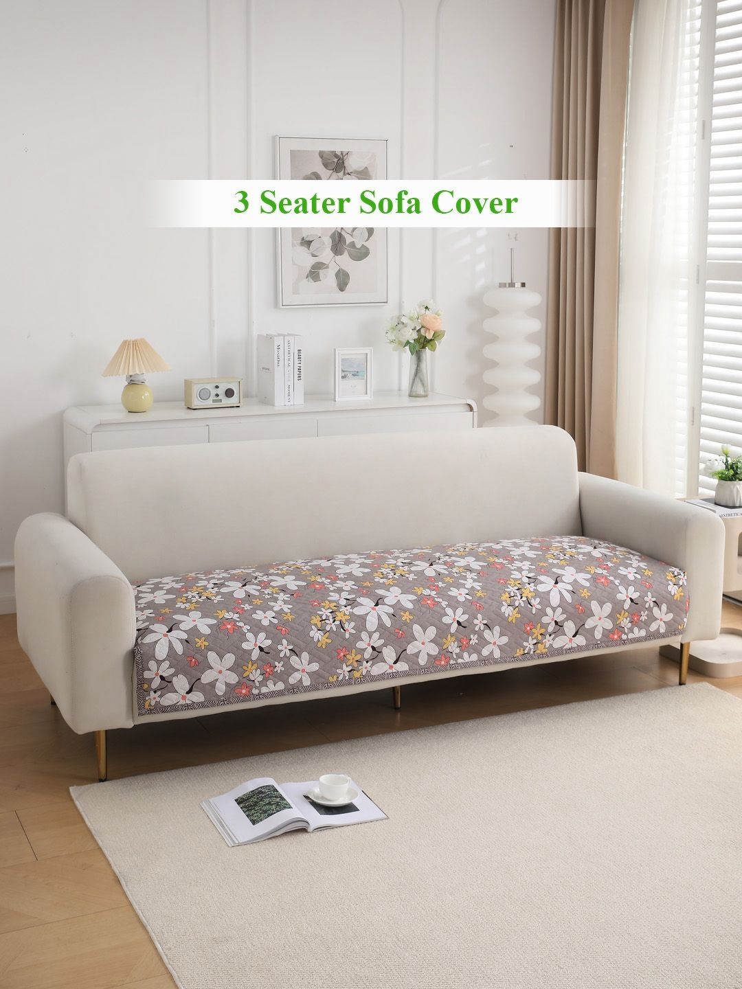 HOKIPO Brown & White Floral Printed 3-Seater Sofa Cover