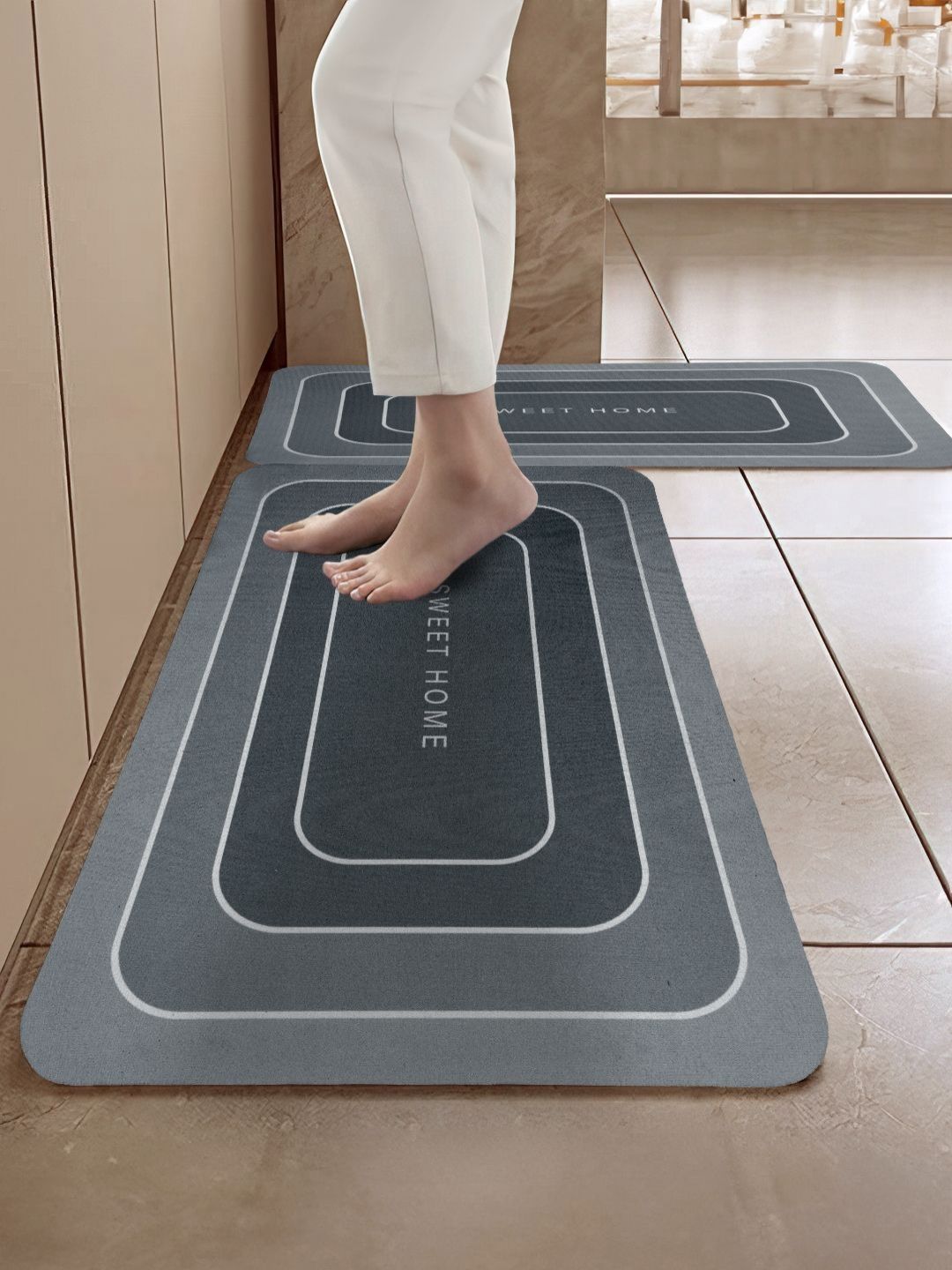 Cortina Grey 2 Pieces Printed Rectangular Anti-Skid Kitchen Mats-image-42