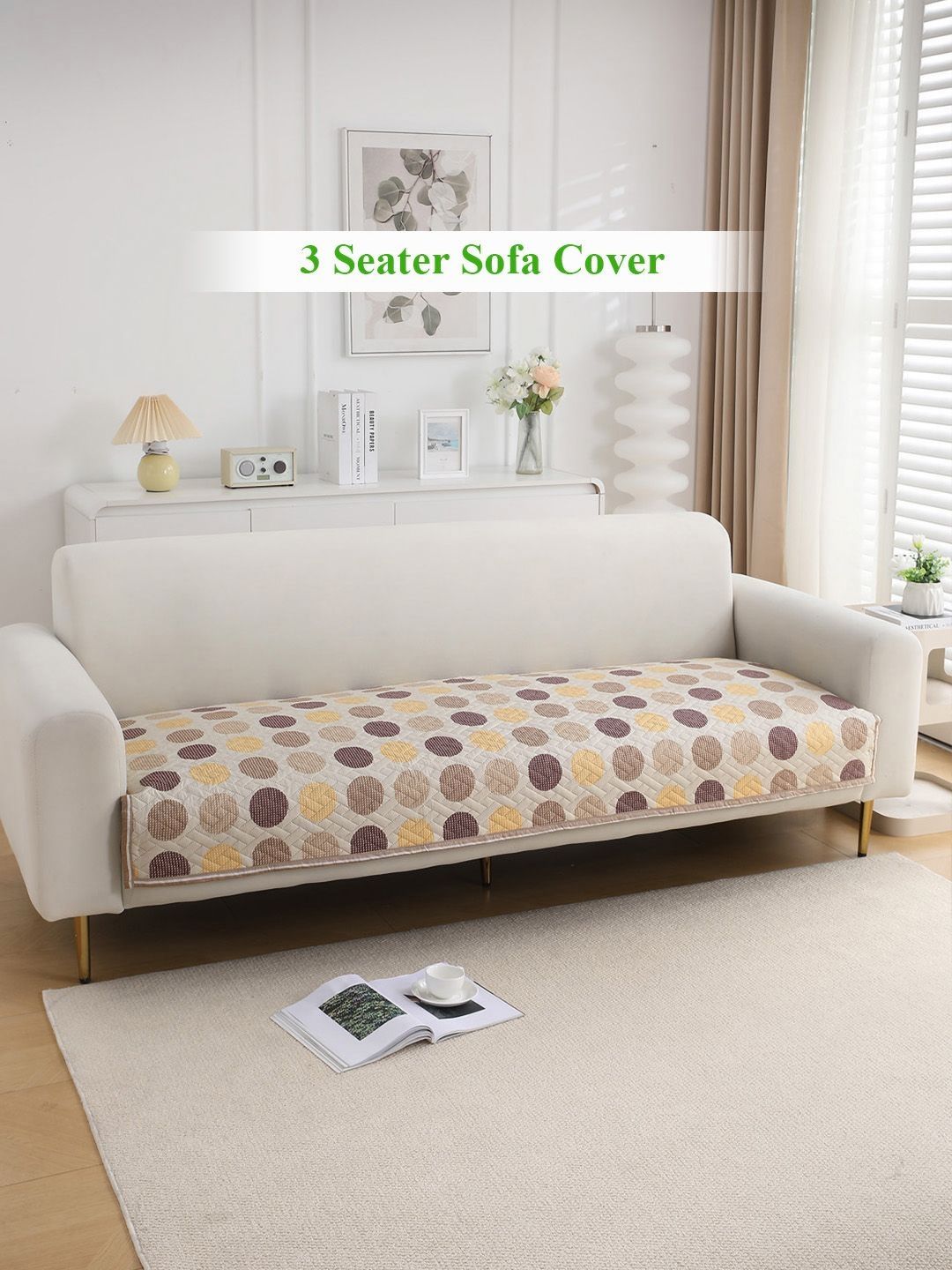 HOKIPO Brown & Beige Printed Quilted 3-Seater Sofa Cover-image-19