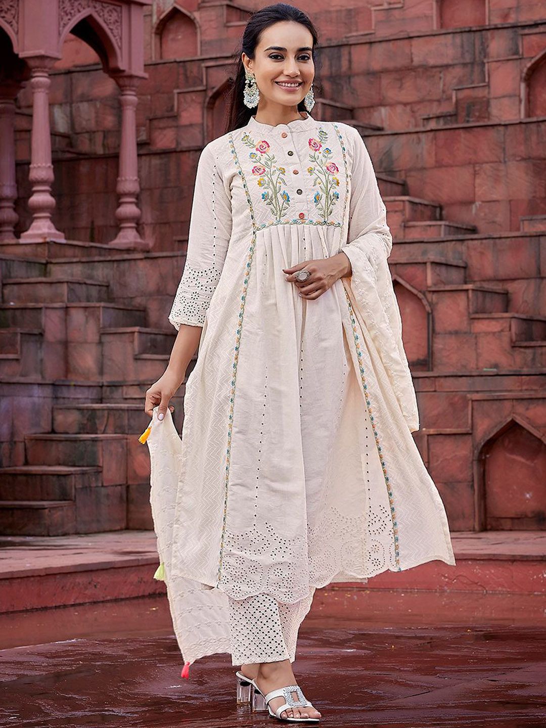 DIVASTRI Floral Embroidered Anarkali Kurta With Trouser & Dupatta
