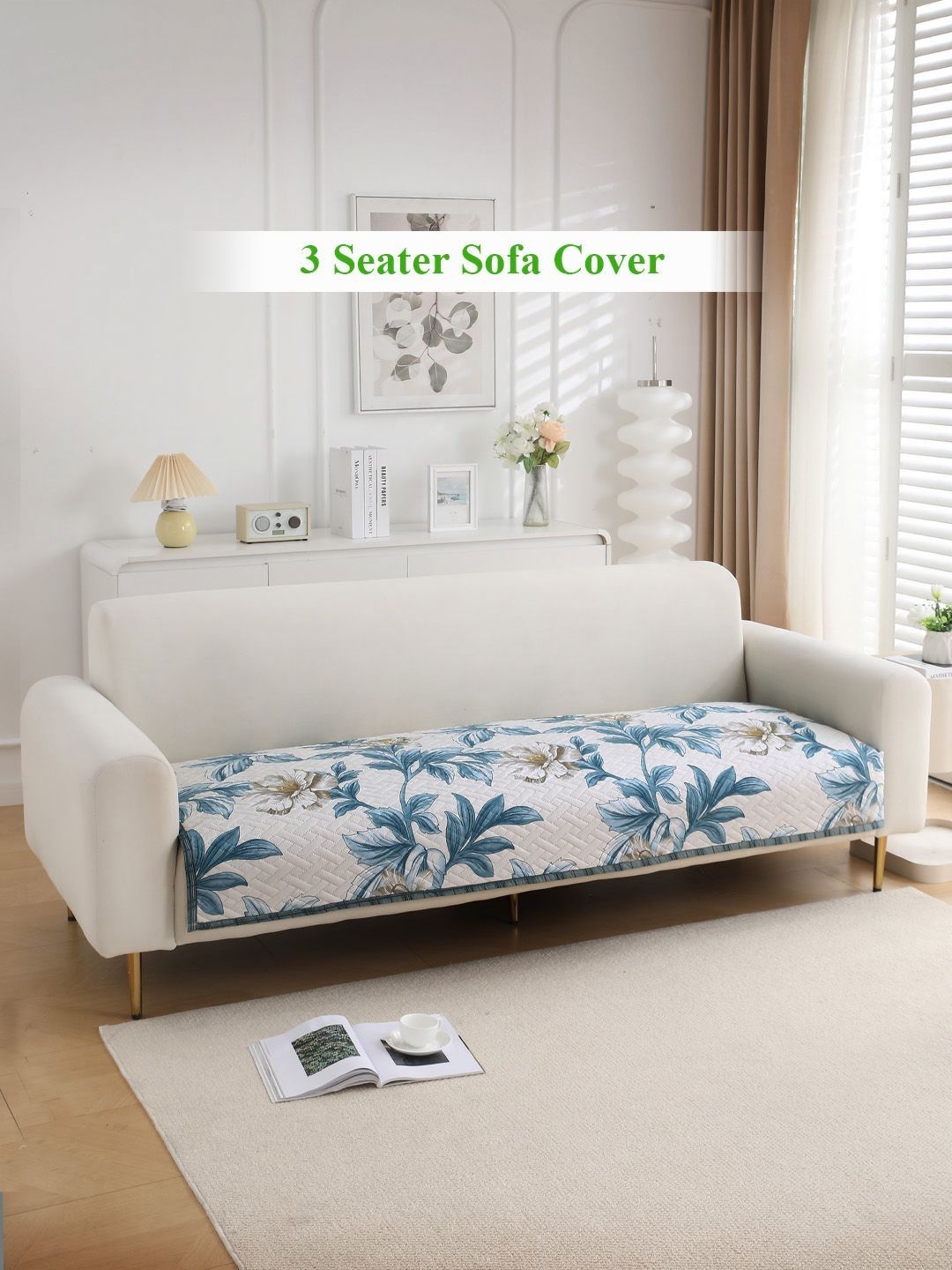 HOKIPO Blue & White Printed 3-Seater Quilted Sofa Cover-picture-15