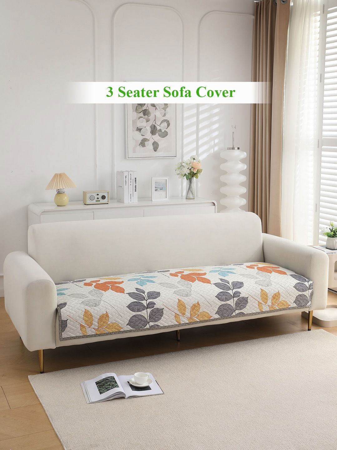 HOKIPO White & Grey Printed 3-Seater Quilted Sofa Cover-image-36