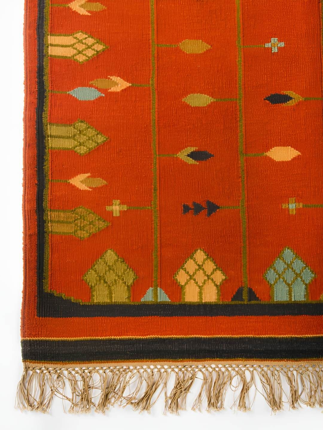 Fabindia Orange Coloured & Green Woven Design Dhurries-image-46