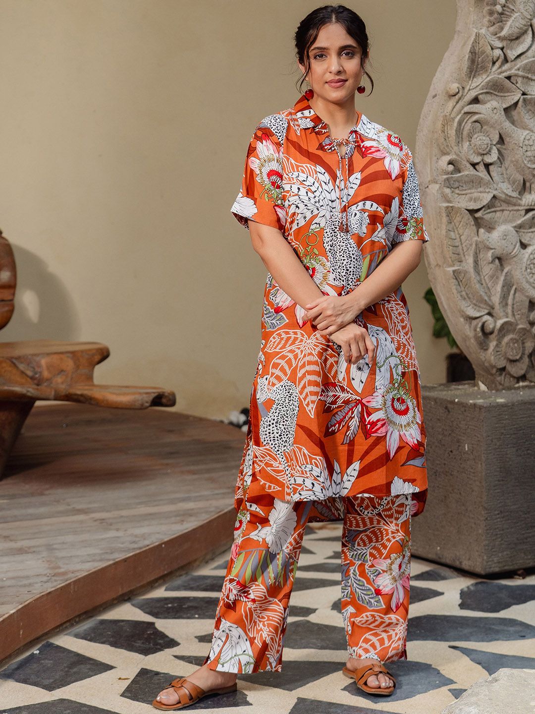 Zeyo Floral Printed Shirt Collar Short Sleeves Top With Trouser-picture-27