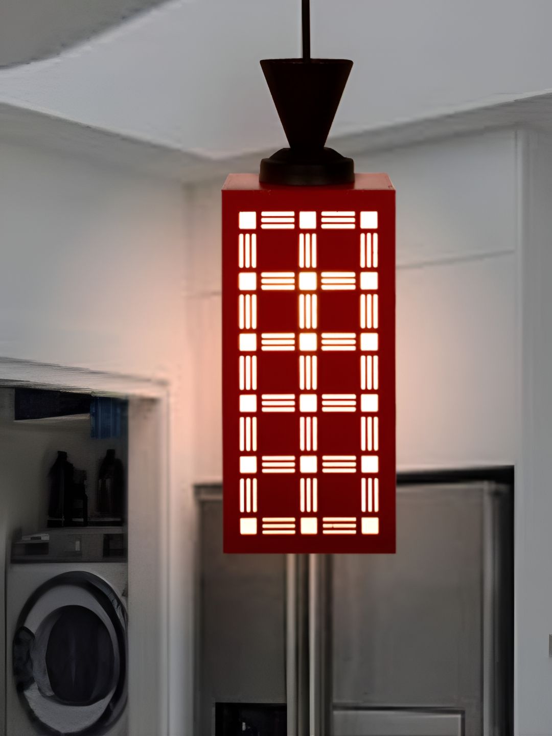 gojeeva red textured contemporary rectangle shaped wooden hanging lamp
