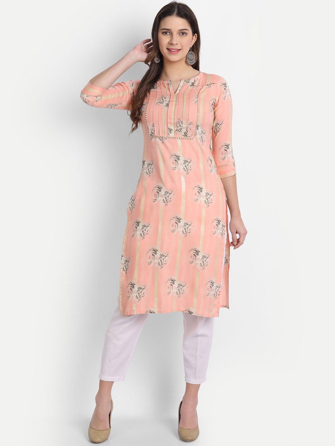 SAHASIKA Floral Printed Round Neck Three-Quarter Sleeves Regular Straight Kurta-picture-19