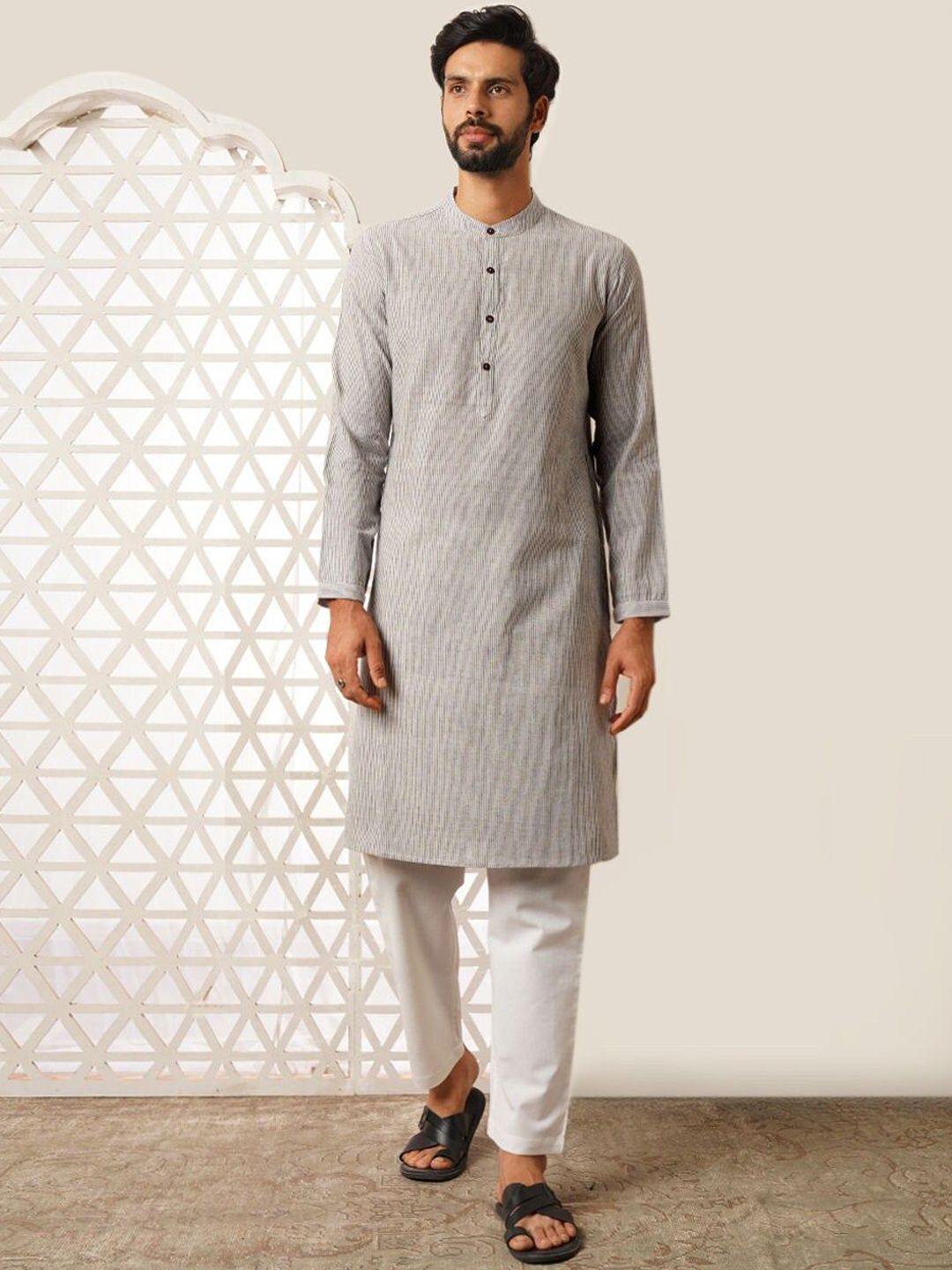JAYPORE Striped Woven Design Band Collar Long Sleeves Pure Cotton Kurta-picture-23