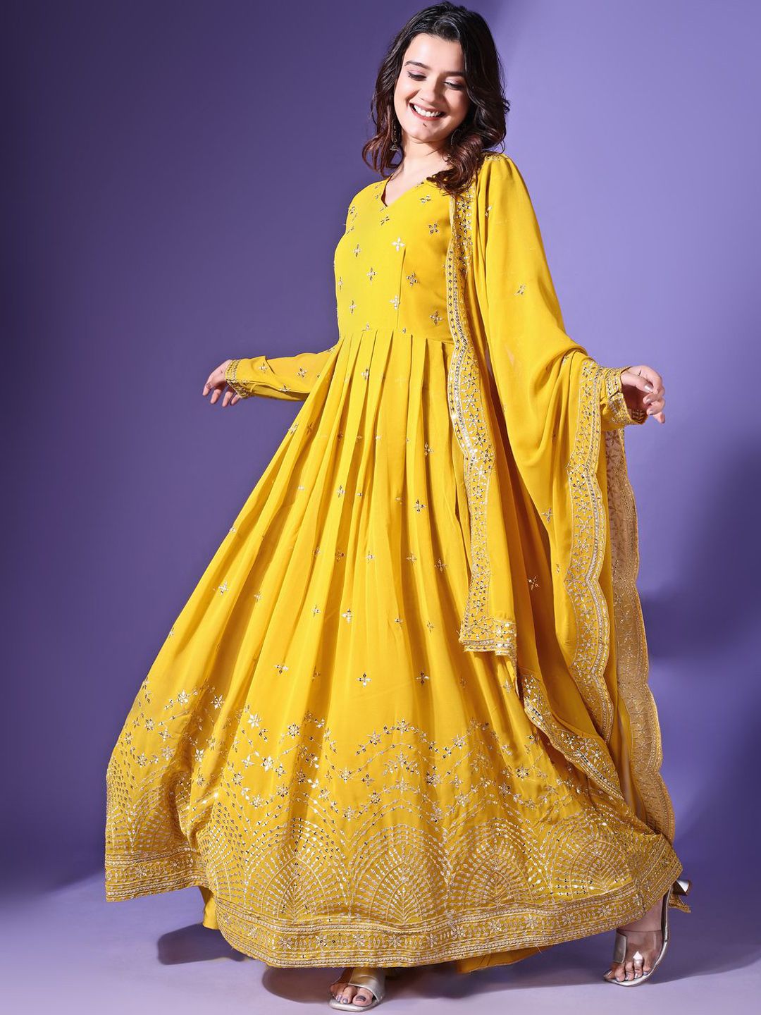 Floral Yoke Design Thread Work Georgette Anarkali Kurta & Trousers With Dupatta