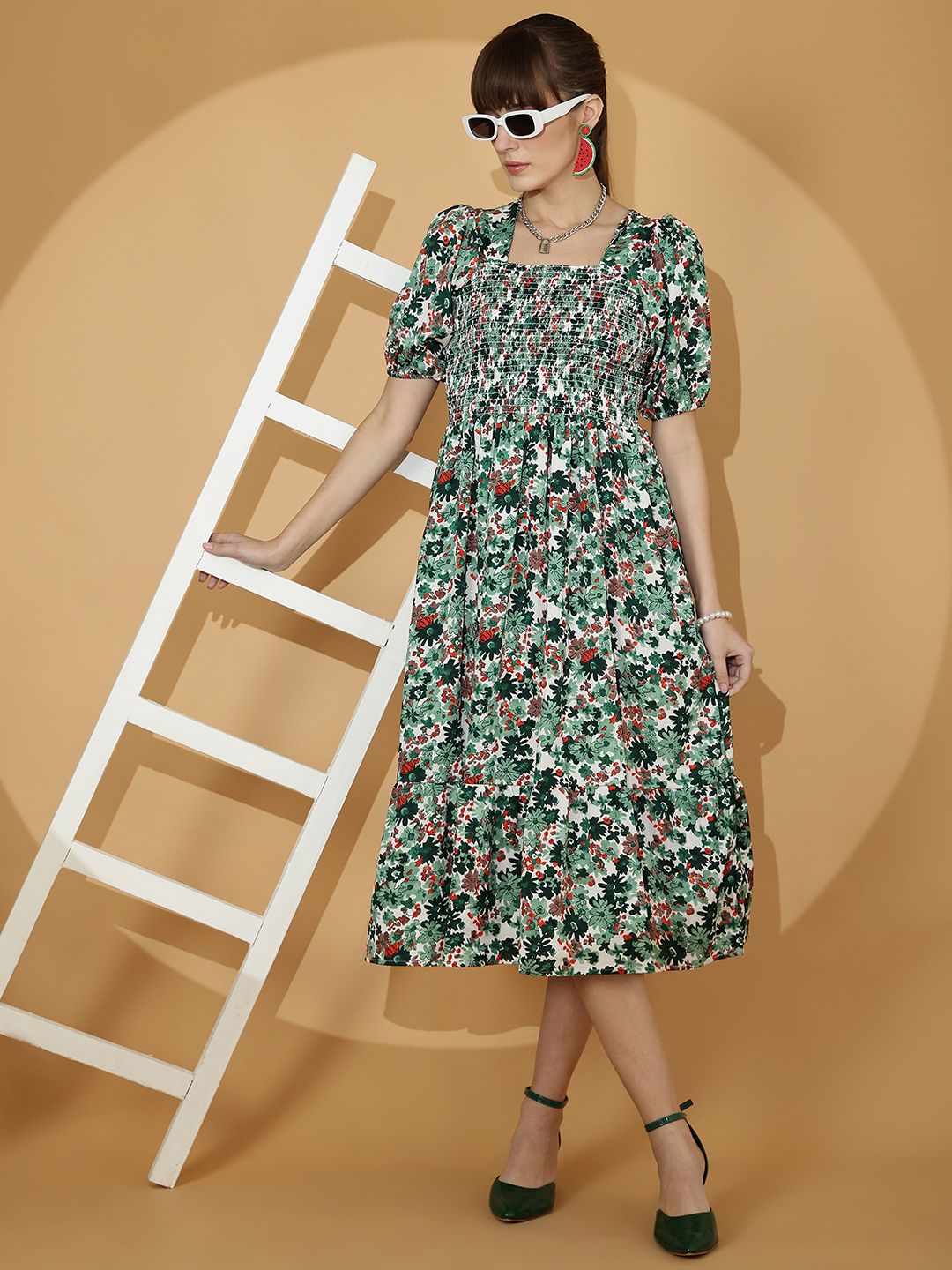 SHEETAL Associates Womens Floral Print Puff Sleeve Crepe Fit & Flare Midi Dress-picture-10