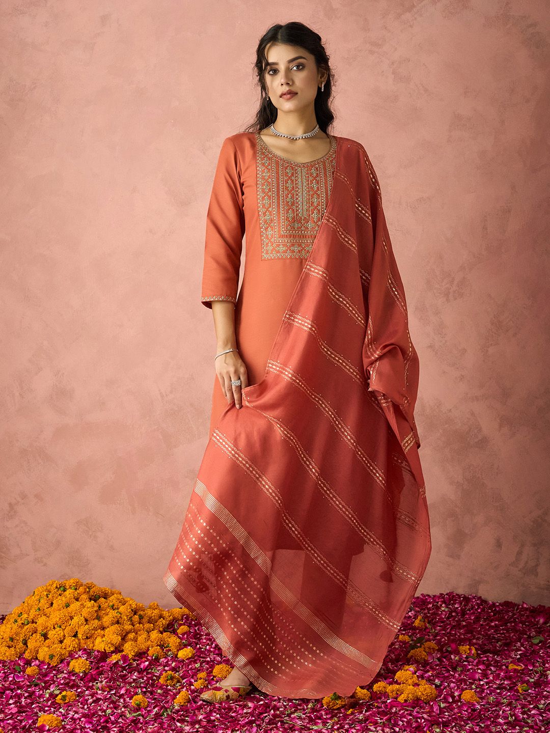 KALINI Ethnic Motifs Yoke Design Sequinned Kurta with Trousers & Dupatta-picture-55