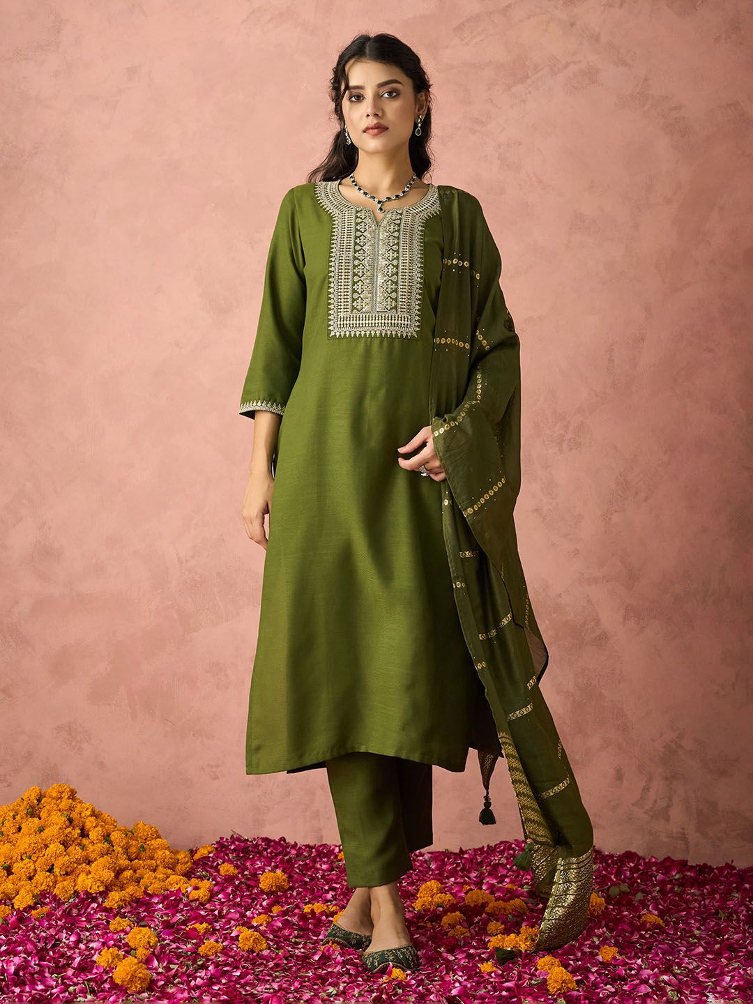 KALINI Ethnic Motifs Embroidered Straight Kurta With Trousers & Dupatta-picture-52