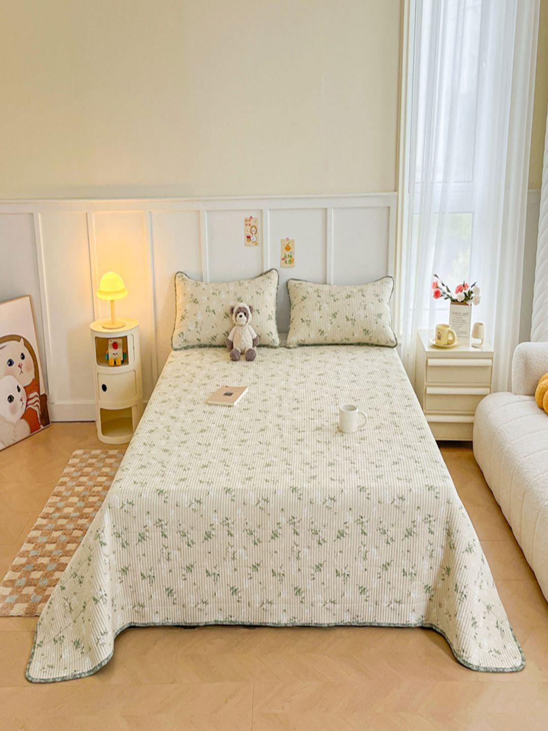 JC HOME White Floral Printed 240 TC Pure Cotton Double Queen Bed Cover & 2 Pillow Covers