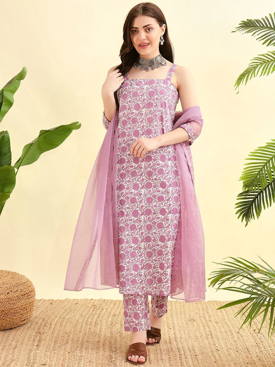 Meeranshi Floral Printed Shoulder Straps Pure CottonKurta With Trousers & Dupatta-picture-33