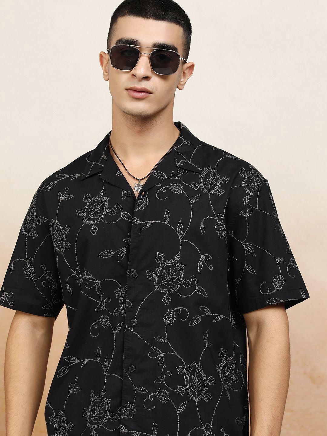 HIGHLANDER Men Cuban Collar Floral Printed Cotton Relaxed Fit Casual Shirt-image-35