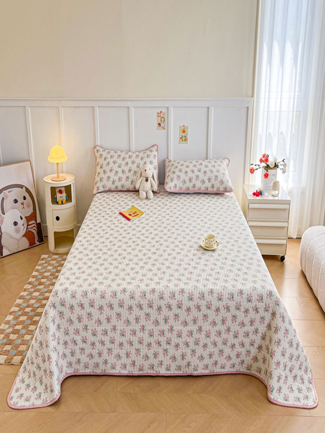 JC HOME White & Pink Printed Cotton Double Bed Cover With Pillow Covers-image-39