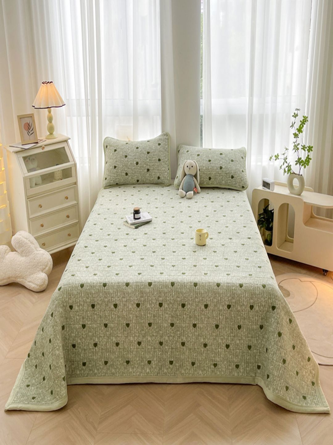 JC HOME Green & Black Printed Double Bed Cover With Pillow Covers-picture-36