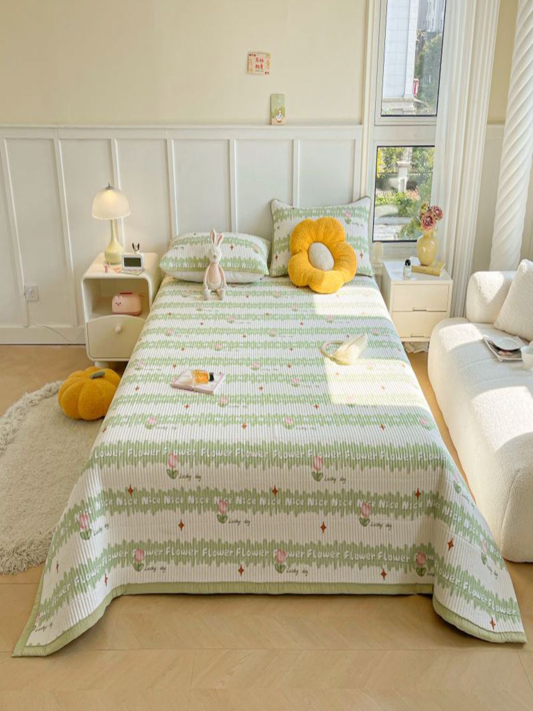 JC HOME Green & White Floral Printed Double Bed Cover With Pillow Covers-image-46