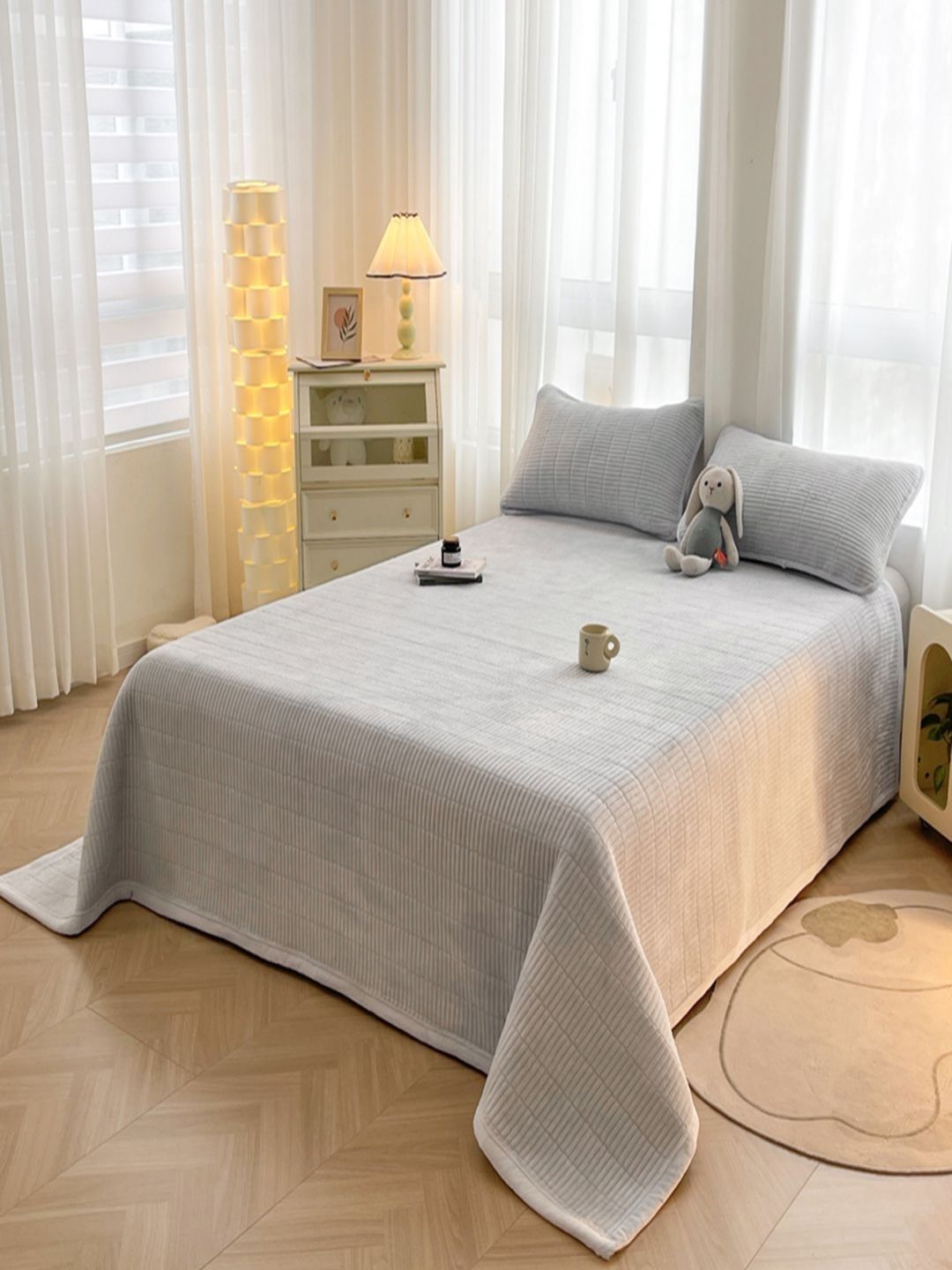 JC HOME Grey Striped Double Bed Cover With Pillow Covers-image-25
