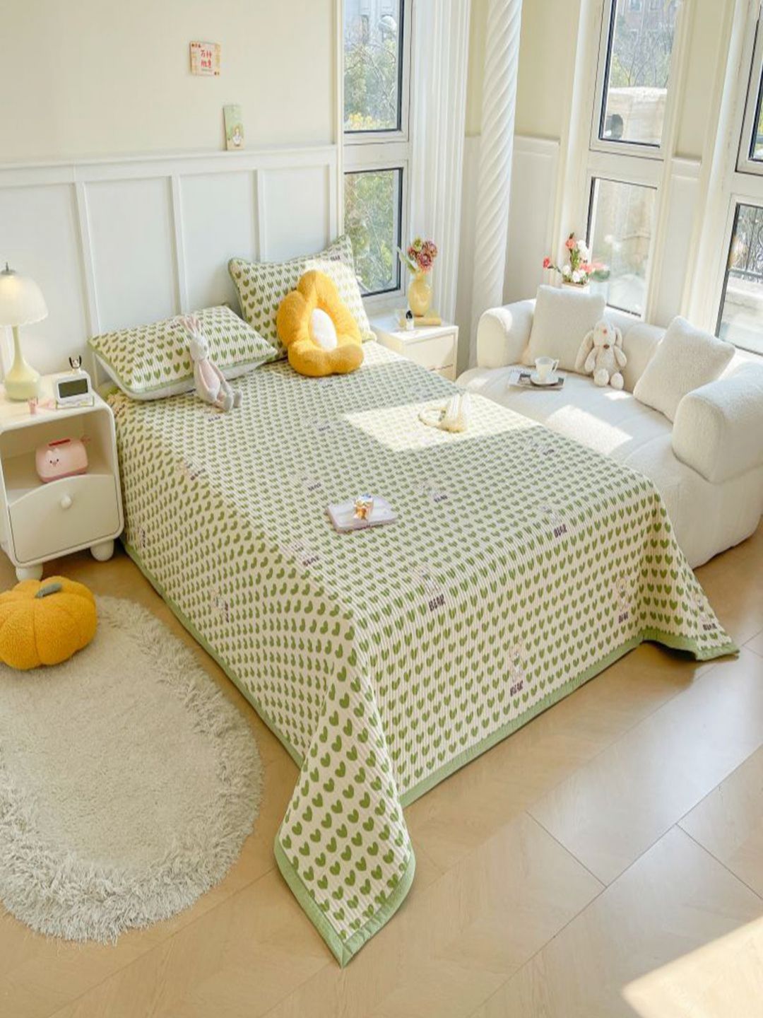 JC HOME Beige & Green Printed 162 TC Double Bed Cover With 2 Pillow Covers-picture-24