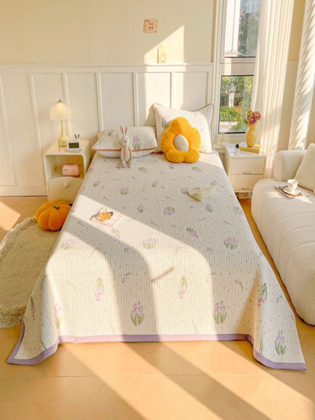 JC HOME White & Lavender-Colored Floral Printed Pure Cotton Single Bed Cover Set-image-22