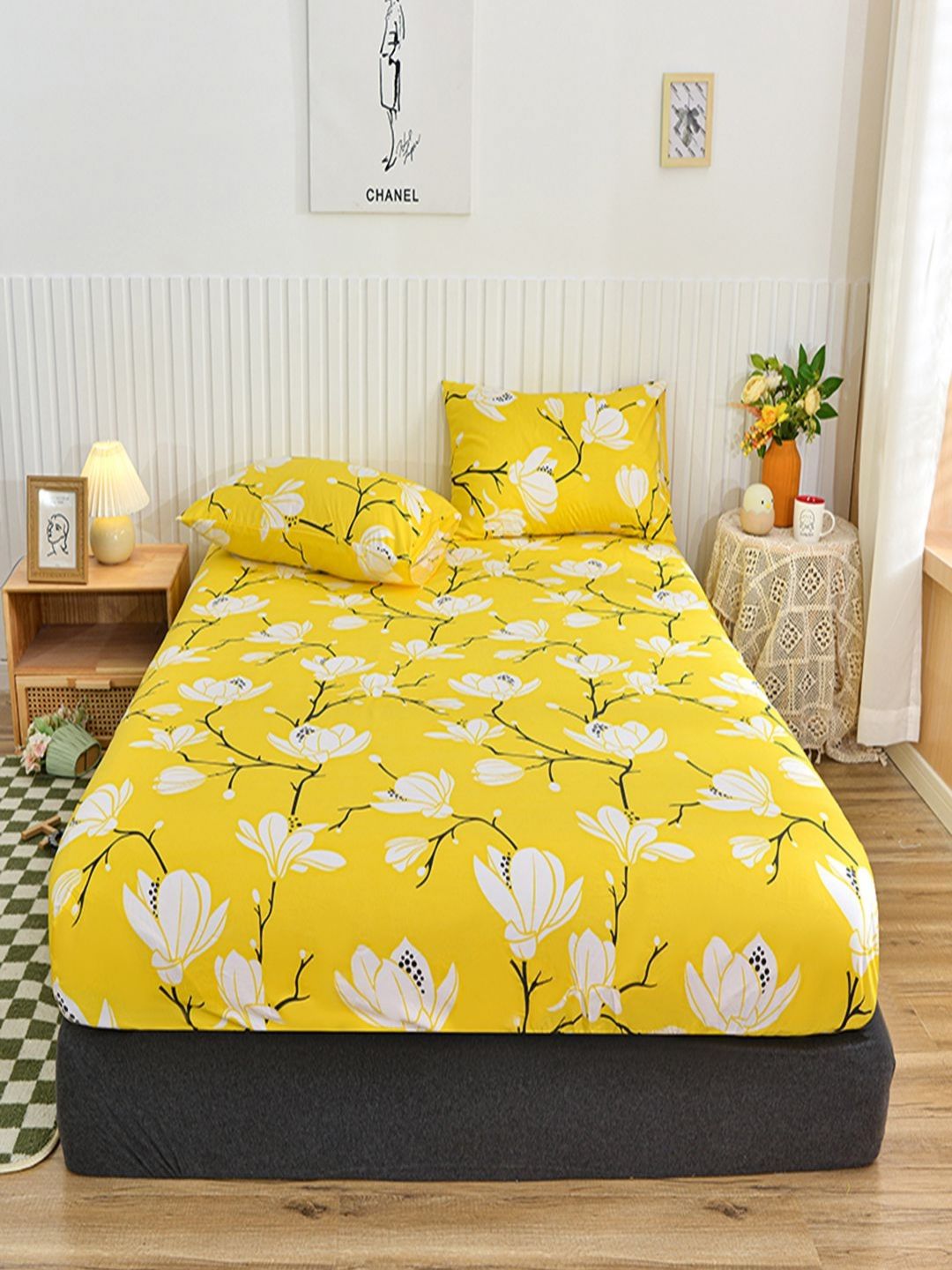JC HOME Yellow & White Floral Printed 140 TC King Bedsheet Set 2.2 x 2 m-picture-23