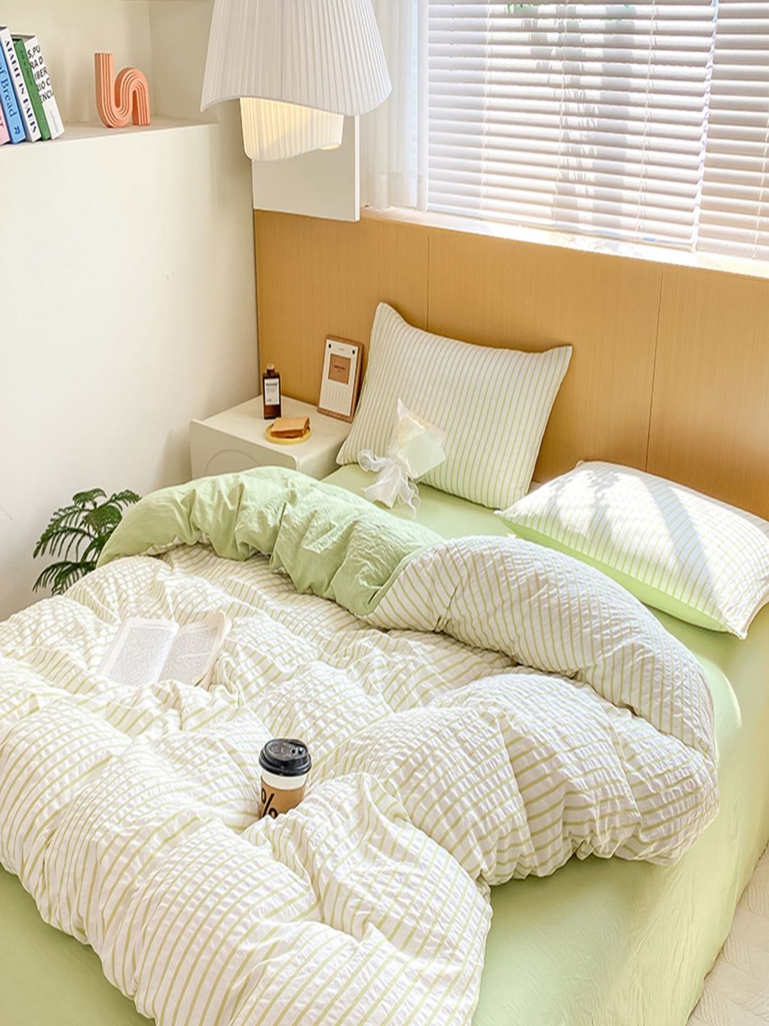 JC HOME Green & White Striped Polycotton 4 Piece Single Regular Bedding Set-image-33