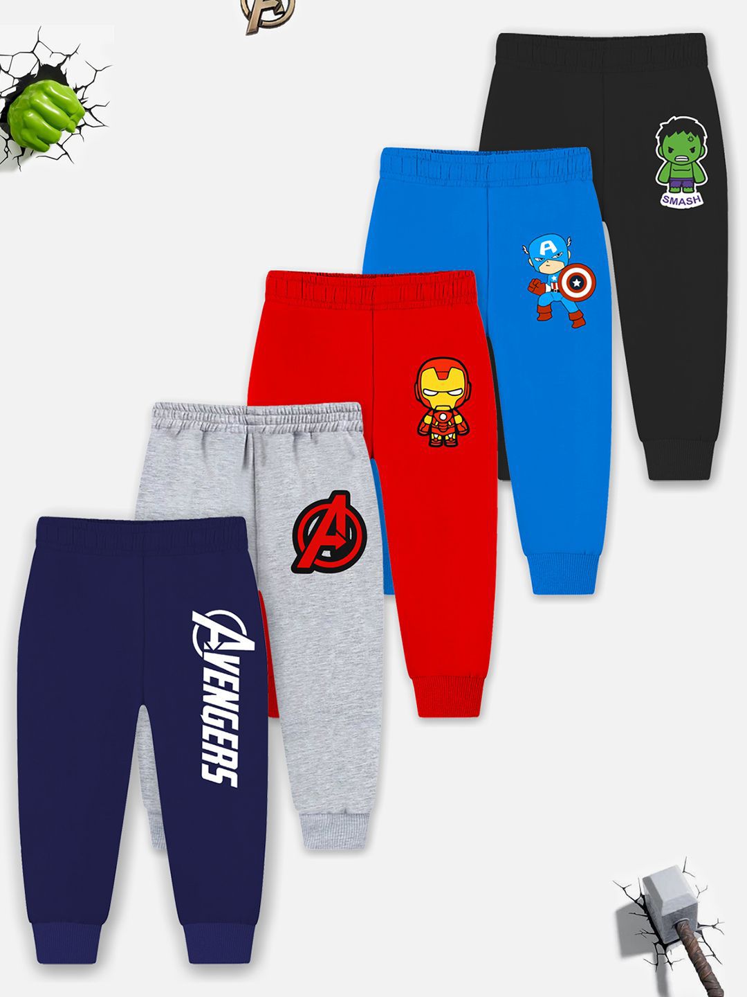 YK Marvel Infant Boys Pack Of 5 Printed Cotton Mid-Rise Joggers-picture-34