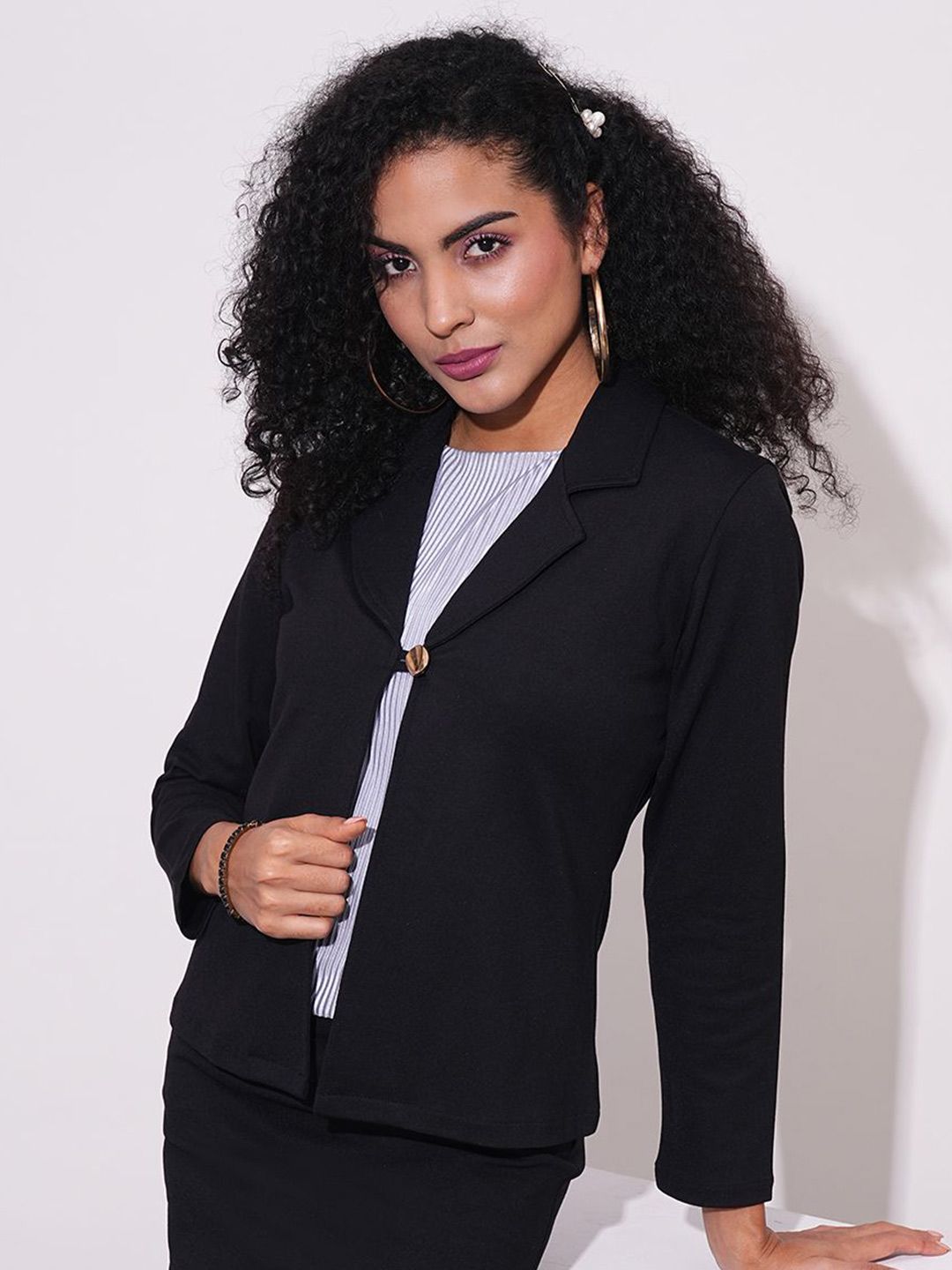 Globus Notch Lapel Long Sleeves Stretchable Straight Hem Open Front Workwear Blazer Jacket