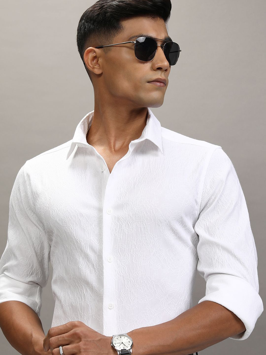 LOCOMOTIVE Men Cutaway Collar Textured Cotton Slim Fit Formal Shirt-picture-16