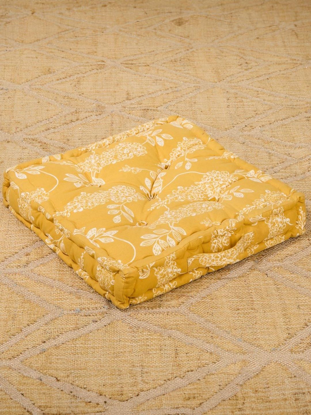 Fabindia Amaltas Yellow & White Floral Printed Square Shaped Floor Cushion Cover-image-43
