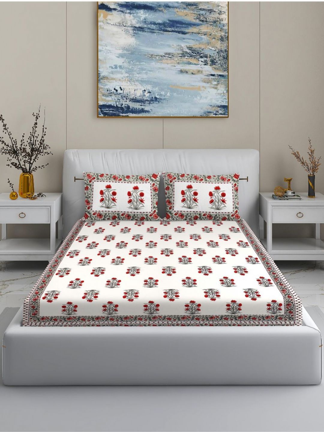 MODEFE Cream-Coloured & Red Floral 144 TC King Bedsheet with 2 Pillow Covers-picture-16