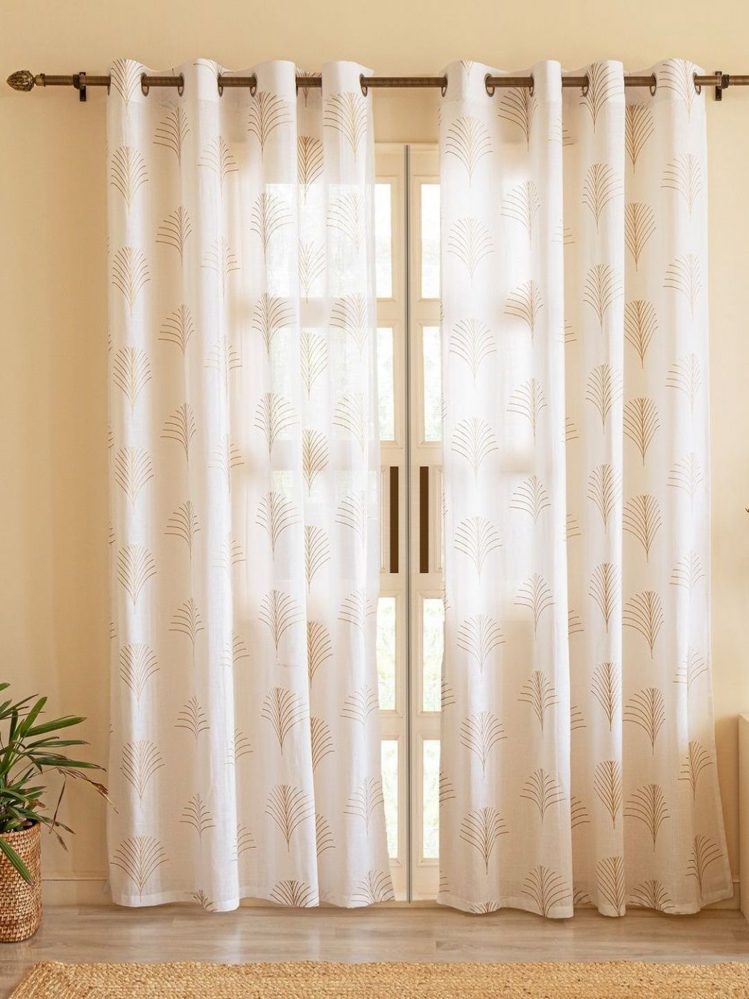 HOMEMONDE Gold-Toned & White Set of 2 Floral Sheer Door Curtain-image-6