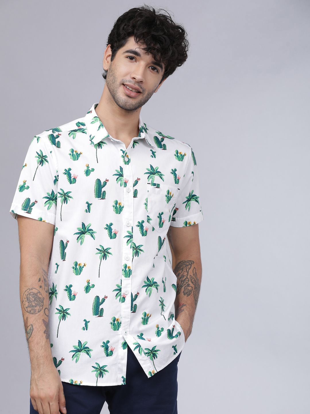 HIGHLANDER Men Cutaway Collar Floral Printed Cotton Slim Fit Casual Shirt-image-14