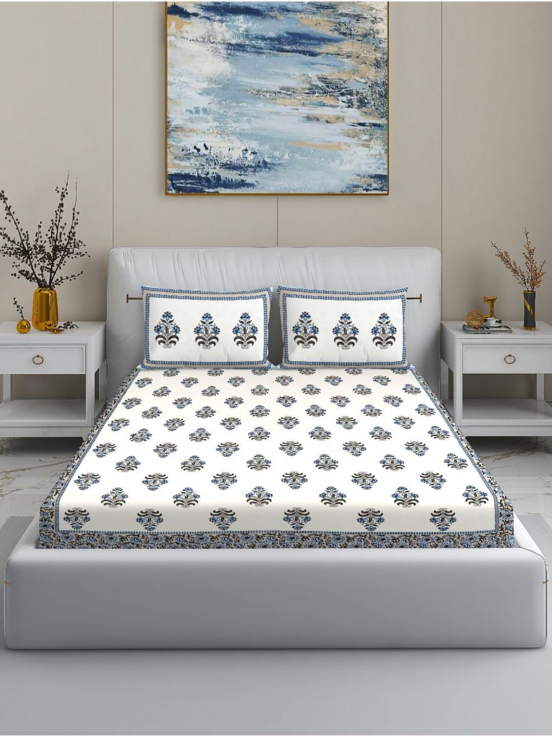 MODEFE Cream-Coloured & Blue Floral 144 TC King Bedsheet with 2 Pillow Covers-picture-17