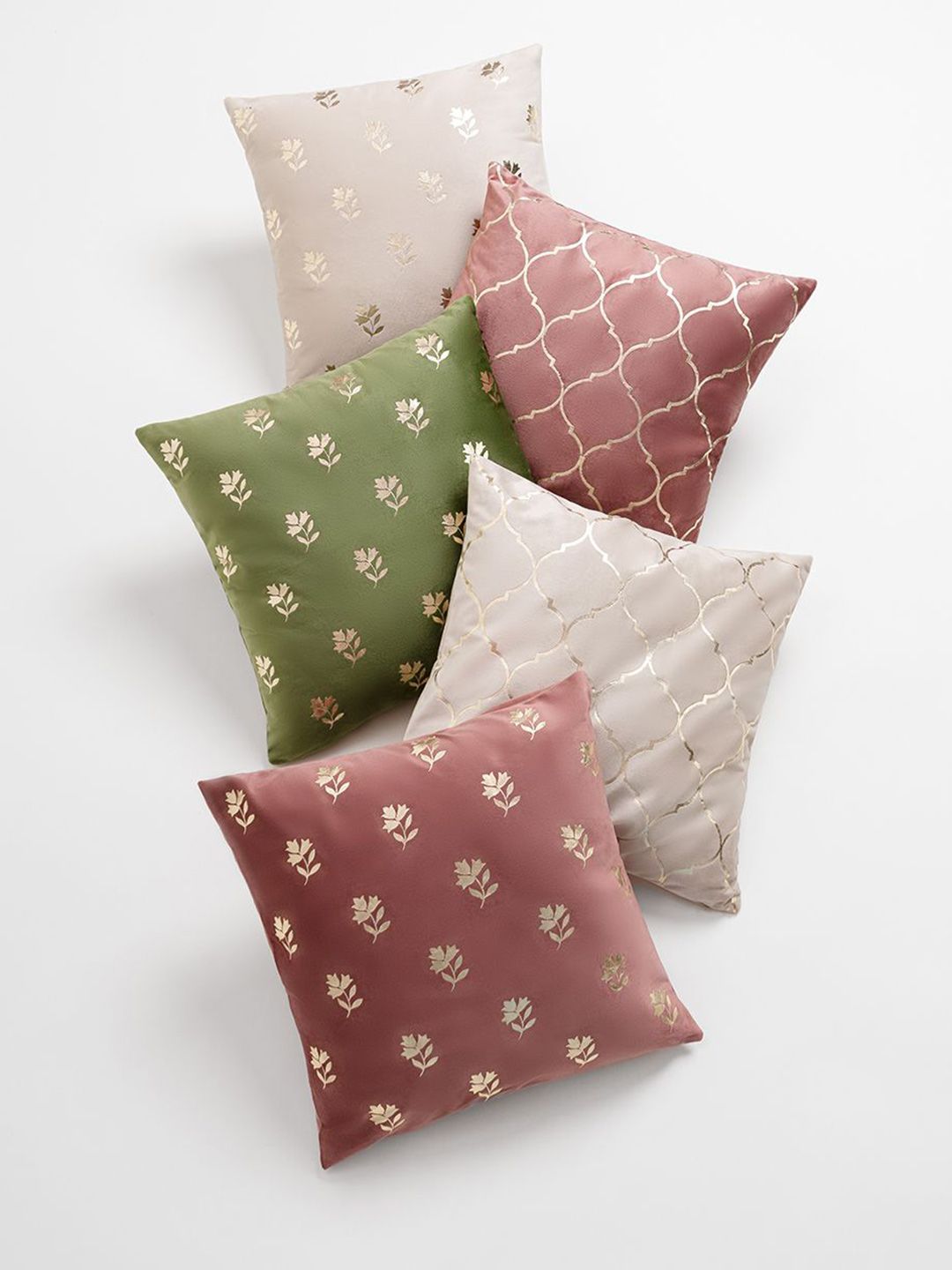 haus & kinder Pink & Green 5 Pieces Floral Cotton Velvet Square Cushion Covers