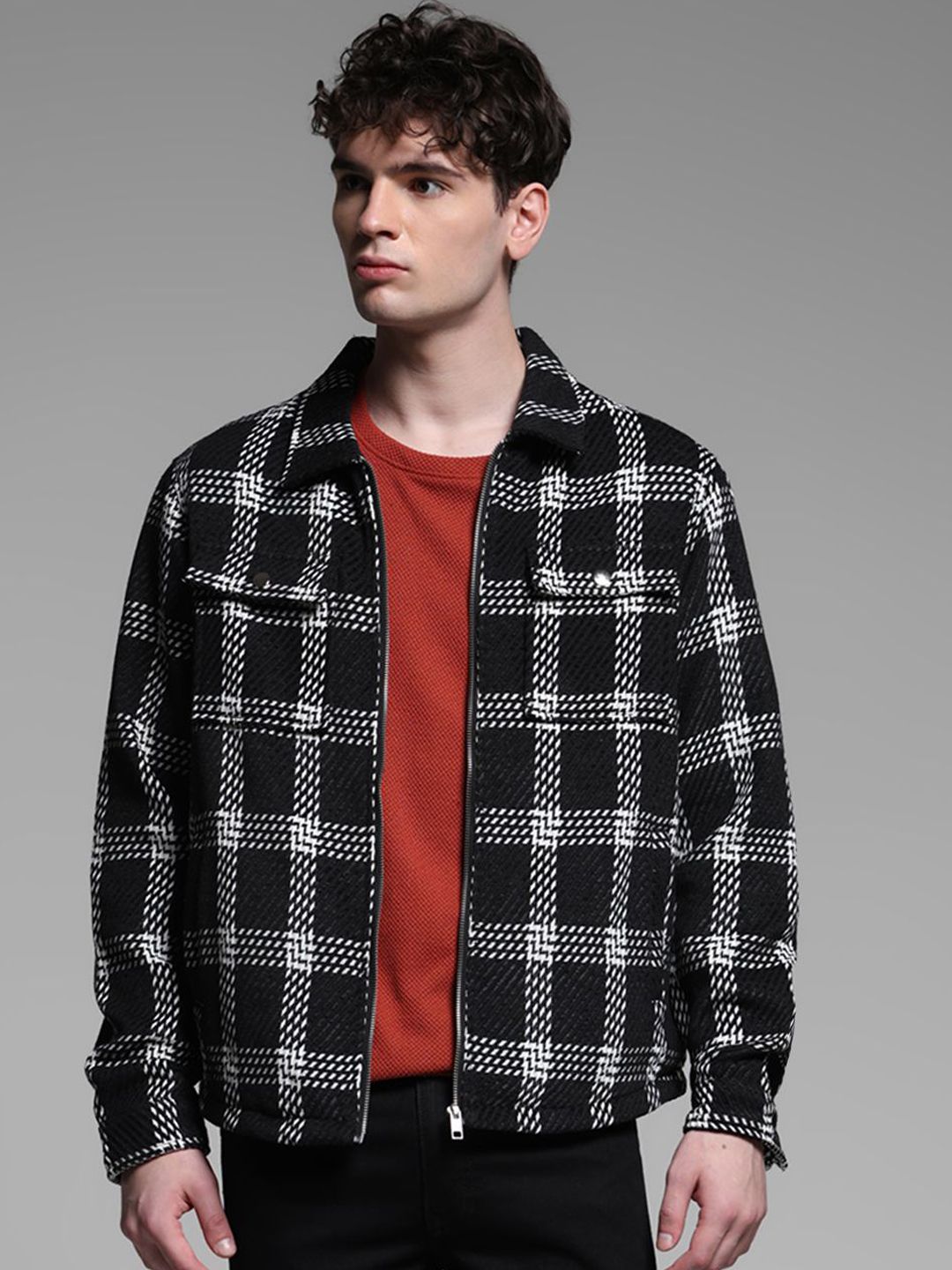 Jack & Jones Men Spread Collar Checked Casual Open Front Jacket-picture-31